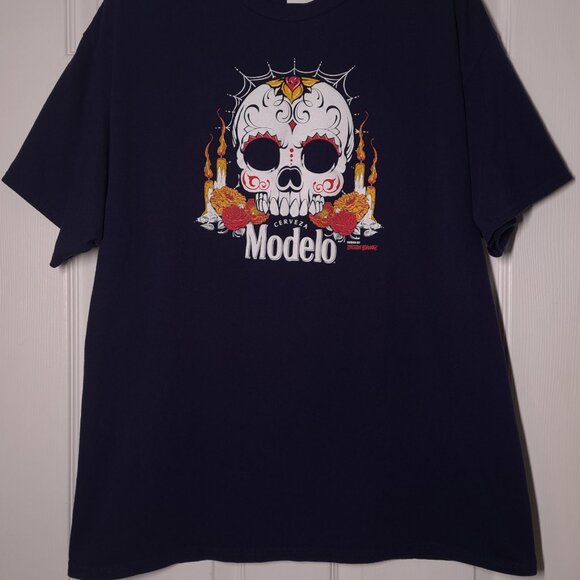 Modelo Beer Sugar Skull USED Shirt (XL, Blue, Mister Cartoon, Día de Muertos) - Picture 6 of 7